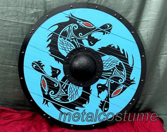 Handcrafted Viking Round Shield - Wooden Nordic Shield with Dragon Artwork for Cosplay & Display