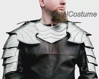 Espaldeiras de cavaleiro medieval feitas à mão com gola - Conjunto de armadura de ombro renascentista para LARP e reconstituição histórica.