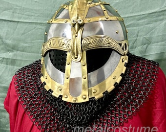 Viking Knight Helmet with Chainmail & Brass – Medieval SCA Armor For Cosplay