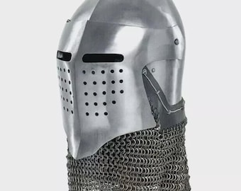 Handgemaakte 18-gauge stalen bascinethelm met maliënkolder - middeleeuws SCA-gevechtspantser voor display en cosplay
