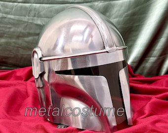Steel Mandalorian Helmet With Chin Strap Boba Fett Costume For Cosplay And Collector's With Wooden Stand