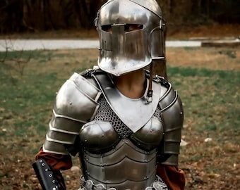 Medieval Female Barbute  Knight Armor Set – Chainmail & Plate Cuirass for Women, LARP Cosplay Costume And Halloween Costume