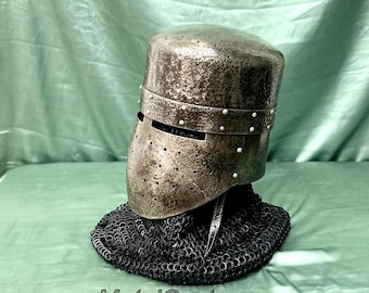 Templar Knight Hammered Steel Helmet with Chainmail Hood – Medieval Reenactment Armor Crusader Knight Helmet Armor For Cosplay