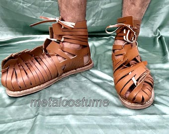 Handmade Roman Gladiator Sandals | Medieval Leather Viking Shoes | LARP & Cosplay Footwear