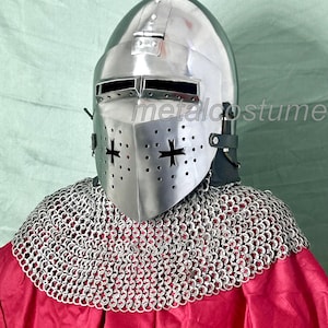 Crusader Great Helm with Chainmail Aventail – Medieval Knight Armor for Battle and Reenactments