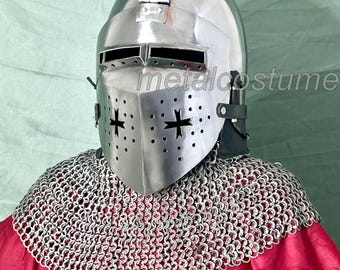 Crusader Great Helm with Chainmail Aventail – Medieval Knight Armor for Battle and Reenactments