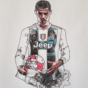 May include: A hand-drawn illustration of a soccer player wearing a white and black striped jersey with the word "Jeep" on the front. The player is holding a soccer ball in his right hand and his left hand is outstretched. The player's face is shaded in red and black.