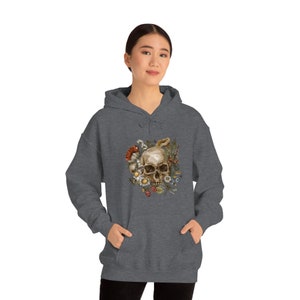 Felpa con cappuccio con teschio e fiori, Felpa con cappuccio unisex con stampa di teschio e fiori, Felpa con cappuccio unisex con scritta Life, Felpa con cappuccio con tasca, Felpa con cappuccio unisex