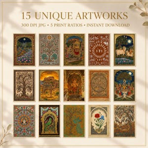 May include: A digital collection of 15 unique artworks featuring diverse Indian-inspired illustrations, including peacocks, camels, deities, and floral motifs. The text reads 15 UNIQUE ARTWORKS, 300 DPI JPG, 5 PRINT RATIOS, INSTANT DOWNLOAD.