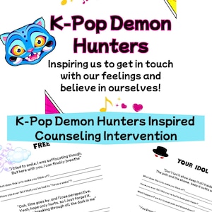 Puede incluir: Gráfico colorido con el texto "K-Pop Demon Hunters" y "Inspiring us to get in touch with our feelings and believe in ourselves!". Presenta un gato azul de dibujos animados y notas musicales.
