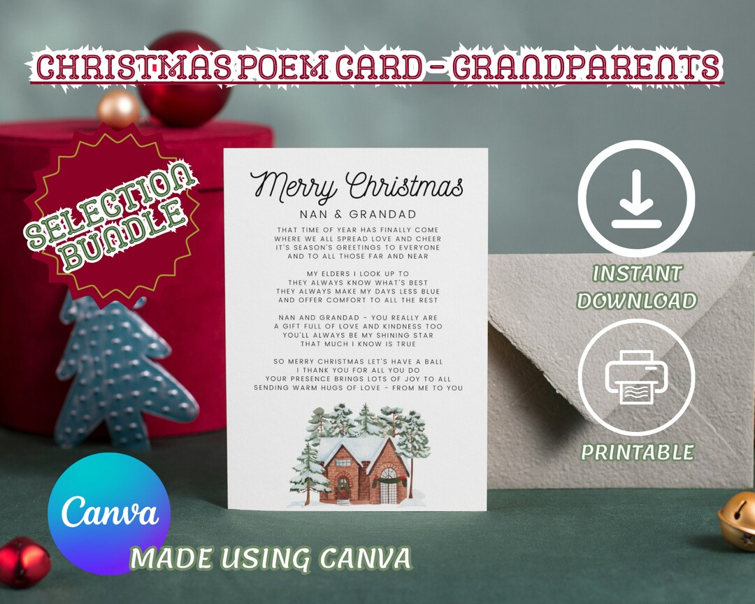 Printable Merry Christmas Poem Card for Grandparents, Instant Download, 5x7 Greeting Card for ...