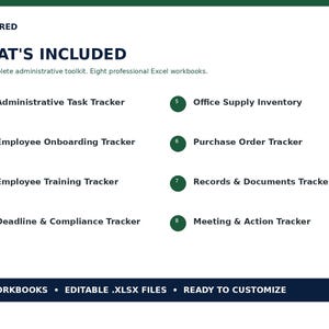 May include: A digital administrative toolkit featuring eight professional Excel workbooks. The list includes an Administrative Task Tracker, Employee Onboarding, Training, Deadline & Compliance, Office Supply, Purchase Order, Records, and Meeting Tracker.