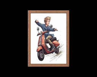 Lámina decorativa vintage para pared con diseño de ciclomotor, arte retro de scooter, decoración con estética viajera, lámina minimalista de niño en scooter, arte de pared de verano, imprimible.