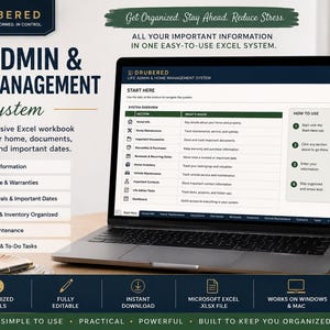 May include: A digital Life Admin & Home Management System displayed on a laptop screen. The Excel workbook interface features sections for home info, maintenance, documents, and tasks. Text includes 'Get Organized. Stay Ahead. Reduce Stress.'