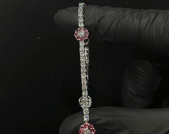 925 Sterling Silver Bracelet With Light Pink Flowers & Zirconia Stones