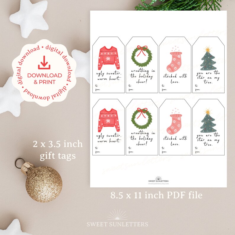 Printable Christmas Puns Gift Tags, Set of 4, Ready to Print PDF Unique Christmas Illustrations ...