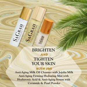 May include: Three glass bottles with bamboo caps and white labels. The bottles contain skin care products. The labels read "SAGRAH" and list the product names: Anti-Aging Hydrating Mist, Anti-Aging Milk Oil Cleanser, and Anti-Aging Serum. The text "BRIGHTEN AND TIGHTEN YOUR SKIN WITH OUR" is written in a white circle on a colorful background. The products are designed to brighten and tighten skin.