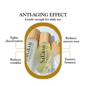 May include: Three amber glass bottles with bamboo lids and labels that read "SAGRAH" and "ANTI-AGING FIRMING HYDRATING MIST Beauty" and "ANTI-AGING MILK OIL CLEANSER Beauty". The bottles are submerged in water with a golden yellow background. The text "ANTI-AGING EFFECT" is at the top of the image. The text "Gentle enough for daily use" is below the text "ANTI-AGING EFFECT".
