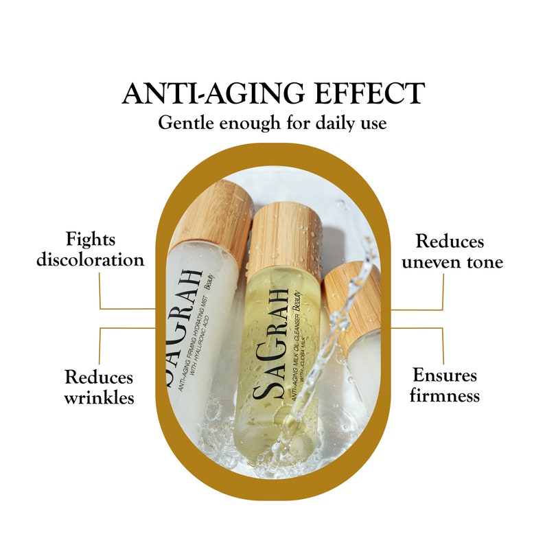 May include: Three amber glass bottles with bamboo lids and labels that read "SAGRAH" and "ANTI-AGING FIRMING HYDRATING MIST Beauty" and "ANTI-AGING MILK OIL CLEANSER Beauty". The bottles are submerged in water with a golden yellow background. The text "ANTI-AGING EFFECT" is at the top of the image. The text "Gentle enough for daily use" is below the text "ANTI-AGING EFFECT".