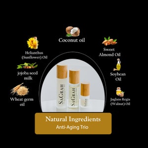 May include: Three glass bottles with bamboo caps containing natural anti-aging face oil. The bottles are labeled "SaGrah" and are arranged in a circle with images of ingredients like coconut oil, sunflower oil, jojoba seed milk, wheat germ oil, sweet almond oil, soybean oil, and walnut oil.