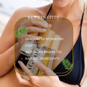 May include: Three amber glass bottles with bamboo caps and gold labels. The bottles are held by a person's hands. The bottles are labeled "AGAI" and have the text "KEY BENEFITS" above them. The text below the bottles reads "24 HOURS OF HYDRATION", "EASY TO USE", "ANTI-AGING PROPERTIES", and "NATURAL INGREDIENTS".