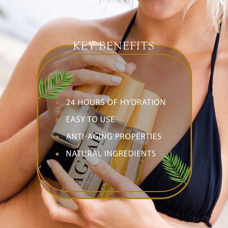 May include: Three amber glass bottles with bamboo caps and gold labels. The bottles are held by a person's hands. The bottles are labeled "AGAI" and have the text "KEY BENEFITS" above them. The text below the bottles reads "24 HOURS OF HYDRATION", "EASY TO USE", "ANTI-AGING PROPERTIES", and "NATURAL INGREDIENTS".