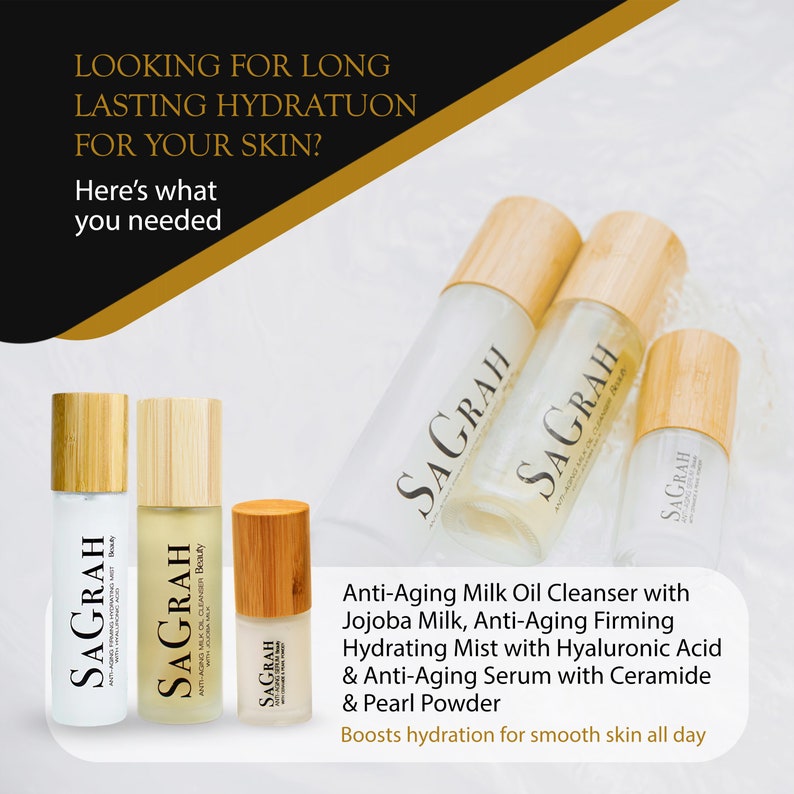 May include: Four bottles of skincare products with bamboo lids. The bottles are labeled "SAGRAH" and contain a clear liquid. The text on the image reads "Looking for long lasting hydration for your skin? Here's what you needed. Anti-Aging Milk Oil Cleanser with Jojoba Milk, Anti-Aging Firming Hydrating Mist with Hyaluronic Acid & Anti-Aging Serum with Ceramide & Pearl Powder. Boosts hydration for smooth skin all day."