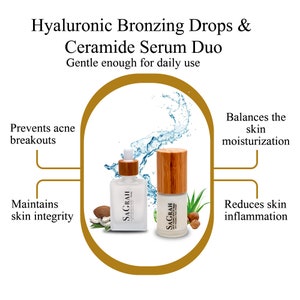 K&ouml;nnte beinhalten: Zwei durchsichtige Glasflaschen mit wei&szlig;en Etiketten und Bambusverschl&uuml;ssen. Die Flaschen sind mit "SAGRAH" beschriftet und enthalten Hyaluronic Bronzing Drops & Ceramide Serum Duo. Die Flaschen sind von Wassertropfen und nat&uuml;rlichen Zutaten wie Kokosnuss, Aloe Vera und Haseln&uuml;ssen umgeben. Der Text "Gentle enough for daily use" befindet sich oben im Bild.