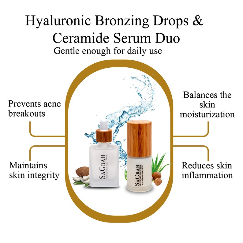 K&ouml;nnte beinhalten: Zwei durchsichtige Glasflaschen mit wei&szlig;en Etiketten und Bambusverschl&uuml;ssen. Die Flaschen sind mit "SAGRAH" beschriftet und enthalten Hyaluronic Bronzing Drops & Ceramide Serum Duo. Die Flaschen sind von Wassertropfen und nat&uuml;rlichen Zutaten wie Kokosnuss, Aloe Vera und Haseln&uuml;ssen umgeben. Der Text "Gentle enough for daily use" befindet sich oben im Bild.