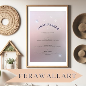 Póster personalizado de la carta astral astrológica – Arte mural personalizado del zodiaco – Regalo digital para ella – Decoración imprimible del horóscopo