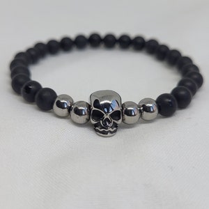 Mens skull bead bracelet black onyx stainless Steel mens exra large bracelet Gothic bracelet Father's day gift