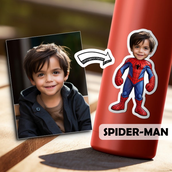 Spider-Man Costume Sticker. Custom Face Body Cartoon Decal. Personalized Marvel Avenger Character. Waterproof Dishwasher Safe. Gift for Boys