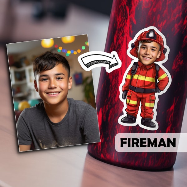 Fireman Uniform Sticker. Custom Firefighter Face Sticker. Customized Waterproof Dishwasher Safe Water Bottle Laptop Sticker. Fireman Costume