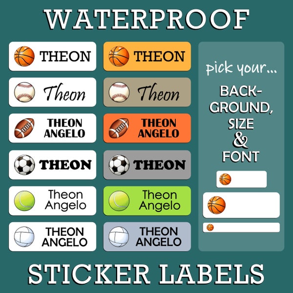 Custom Sports Sticker Labels. Waterproof Personalized Name Tags for Boys. Customized Dishwasher Safe Daycare Labels. Sports Balls Designs