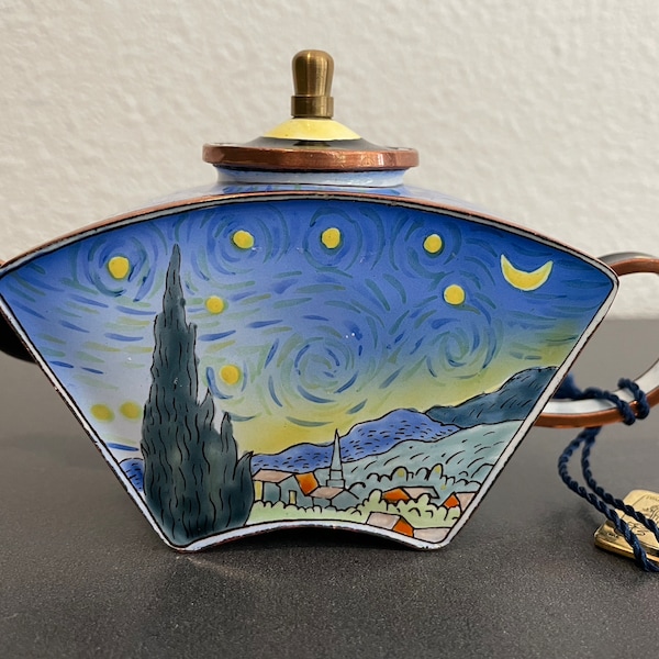 VINTAGE | Charlotte Di Vita | Enamel Copper | Tea Pot | Starry Night | Vincent Van Gogh | D597 | Hand Painted | Trade Plus Aid | Collectible