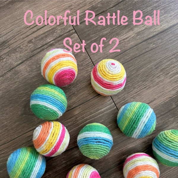 Colorful Rattle Ball for Cat and small pet, Cotton Yarn Covered Rattle Ball, Interactive Toy for Indoor Cat, Handmade in USA, Set of 2
