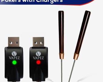 May include: Two black USB chargers with the word "VAPEZ" printed on them. One charger has a green light and the other has a red light. Two wooden poker tools with copper tips.