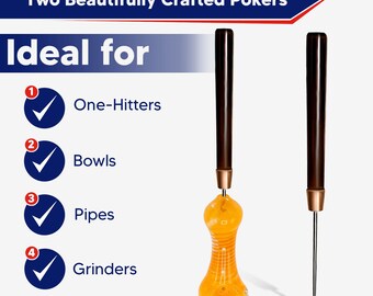 May include: An image of two pokers for cleaning. One poker has a brown handle and a yellow glass body. The other poker has a brown handle and a thin metal tip. The text in the image says "Upgrade Your 420 Cleaning Kit with Two Beautifully Crafted Pokers."