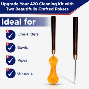 Pipe Poker and Cleaner Tool Combo, Reusable Pipe Cleaning, Rod Pipe Cleaner Tool, Bowl Poker Set, Wooden Handle, Metal or Ceramic One Hitter