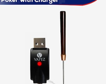 May include: A hand-crafted poker tool with a charger. The poker has a dark brown handle and a silver metal tip. The charger is black with a USB connector and the text "Vapez". A red light is illuminated on the charger.