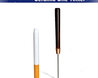 May include: A white ceramic one-hitter pipe and a poker tool with a dark brown handle and a metal tip. The text at the top of the image reads "One Beautifully Crafted Poker with Ceramic One-Hitter."