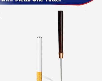 May include: A white and gold one-hitter with a matching poker tool. The poker tool has a dark brown handle and a metal tip. The text "One Beautifully Crafted Poker with Metal One-Hitter" is at the top.
