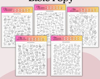 Bible I Spy Activity Pages, Kids Christian Activity Sheets, Sunday School Games, Christian Printables, Kids I Spy, I Spy Coloring Pages