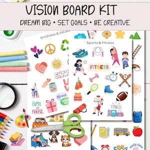May include: A vision board kit with the text "VISION BOARD KIT DREAM BIG • SET GOALS • BE CREATIVE." The kit includes various colorful stickers with themes like sports, fitness, kindness, and values. There are also scissors, pencils, and other craft supplies.