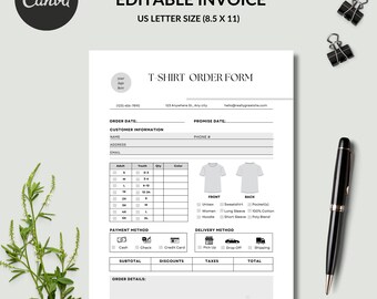 Editable T-shirt Order Form Template, Small Business Order Form, Custom T Shirt Order Form, Printable Shirt Order Form, Craft Order Form