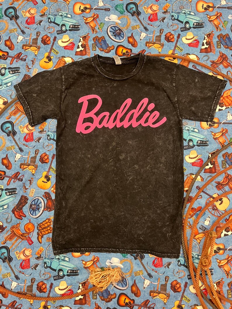Baddie Vintage Tee – Black Mineral Wash Shirt With Hot Pink Lettering ...