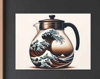 Rustic Great Wave inside Coffee Pot Carafe Canvas Art Unique Coffee Decor Modern Interpretation Durable Cotton Wall Art for Home Office