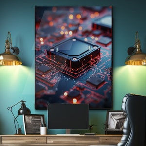 Futuristic Circuit Board Red Accents Acrylic Print Technology AI Enthusiasts Wall Art Home Office Decor Modern Tech Art Floating Wall Art