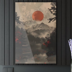 Japanese Landscape Acrylic Wall Art Dark Red Sun Mountains Trees Old Japanese Temple Hand-Polished Crystal Clear Edges Asian Wall Art