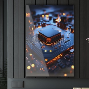 Futuristic Circuit Board Blue Accents Acrylic Print Technology AI Enthusiasts Wall Art Home Office Decor Modern Tech Art Floating Wall Art